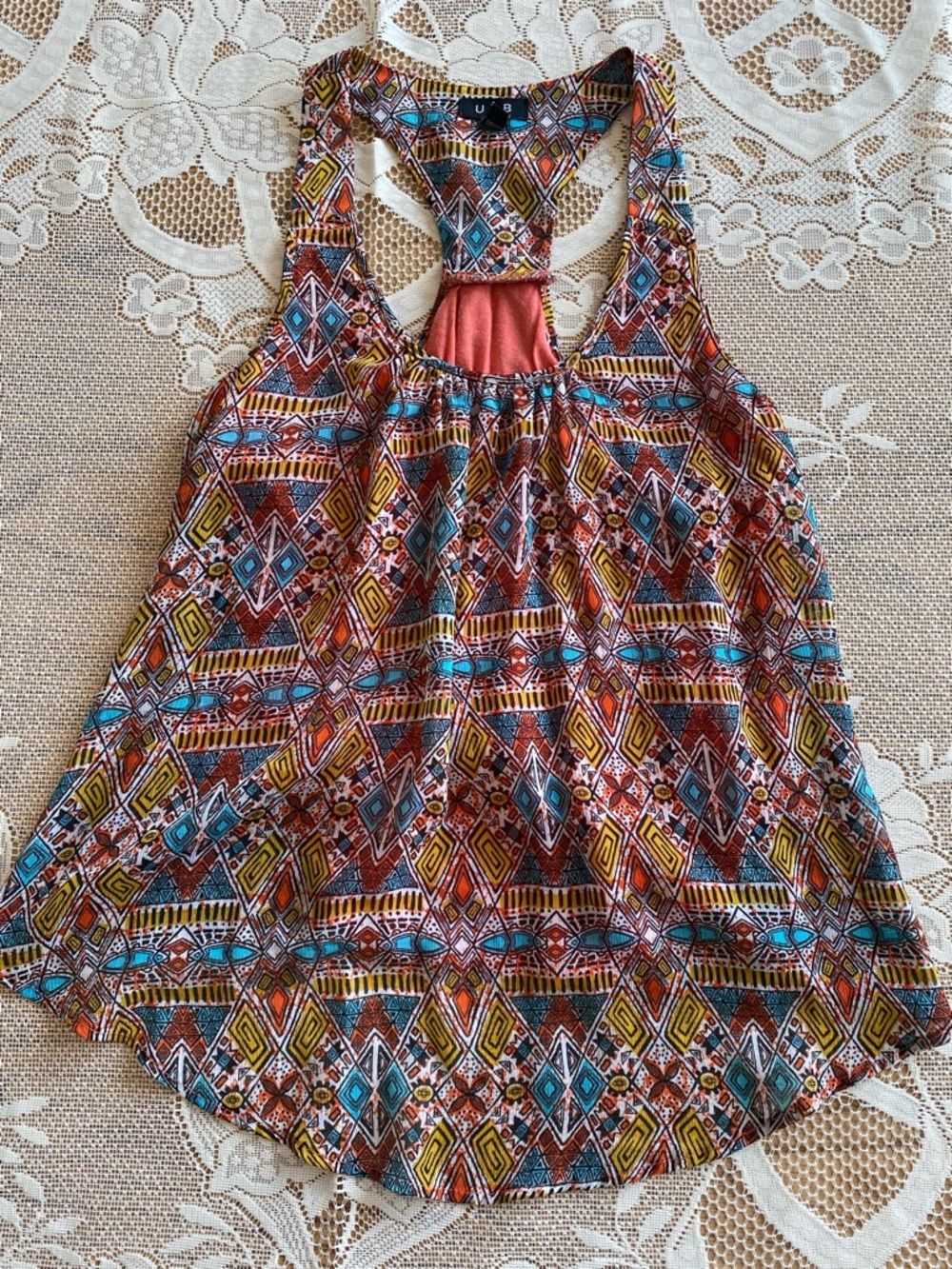 U2B Printed Geometric Blouse in Teal & Orange